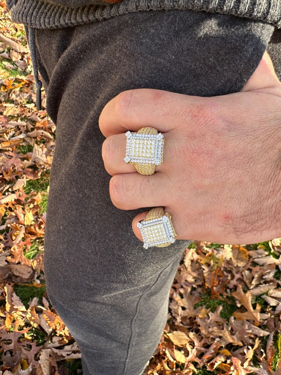 HarlemBling Men's Real Solid 925 Silver 14k Gold Plated MOISSANITE Large 3D Iced HipHop Ring