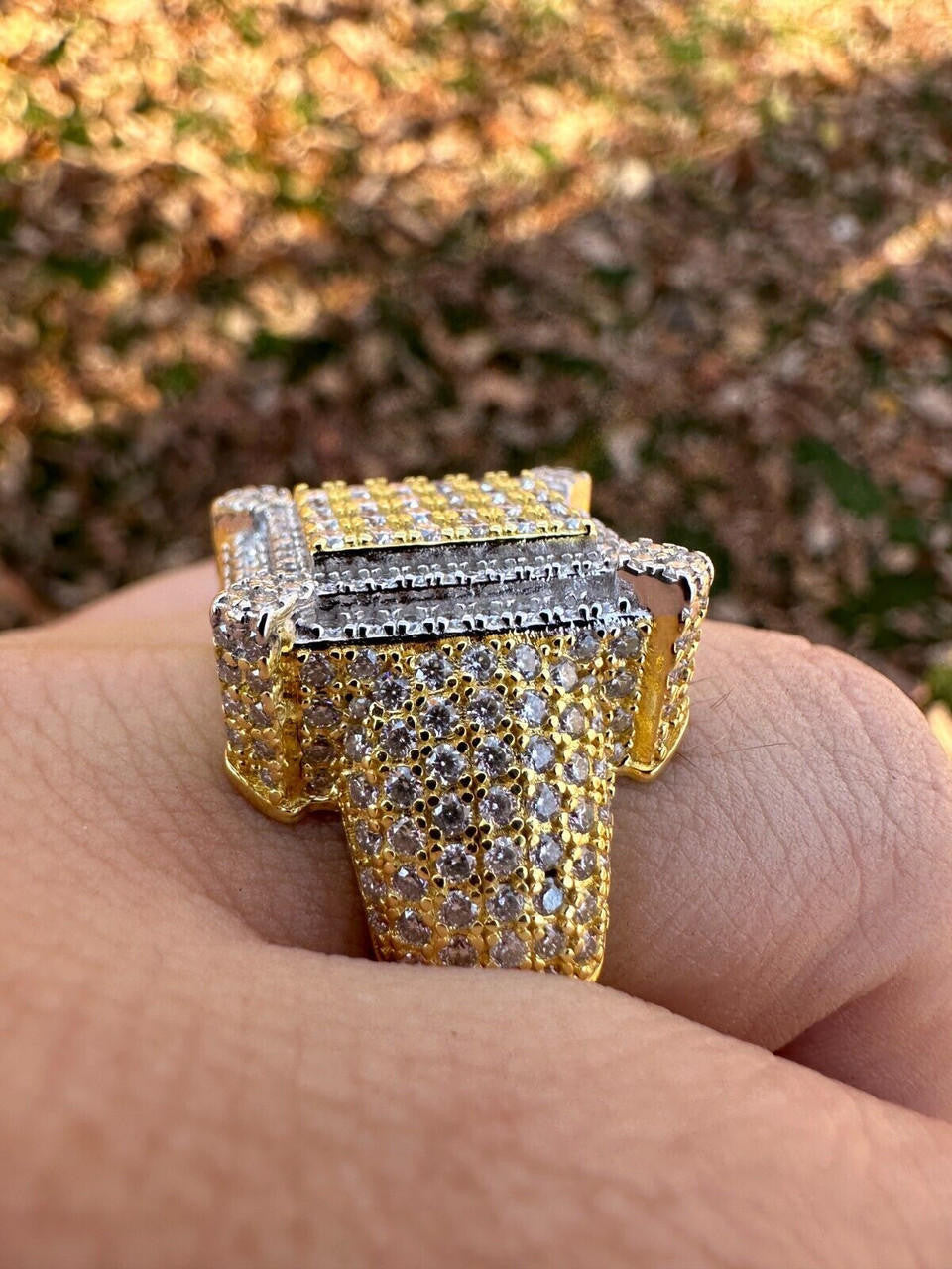 HarlemBling Men's Real Solid 925 Silver 14k Gold Plated MOISSANITE Large 3D Iced HipHop Ring