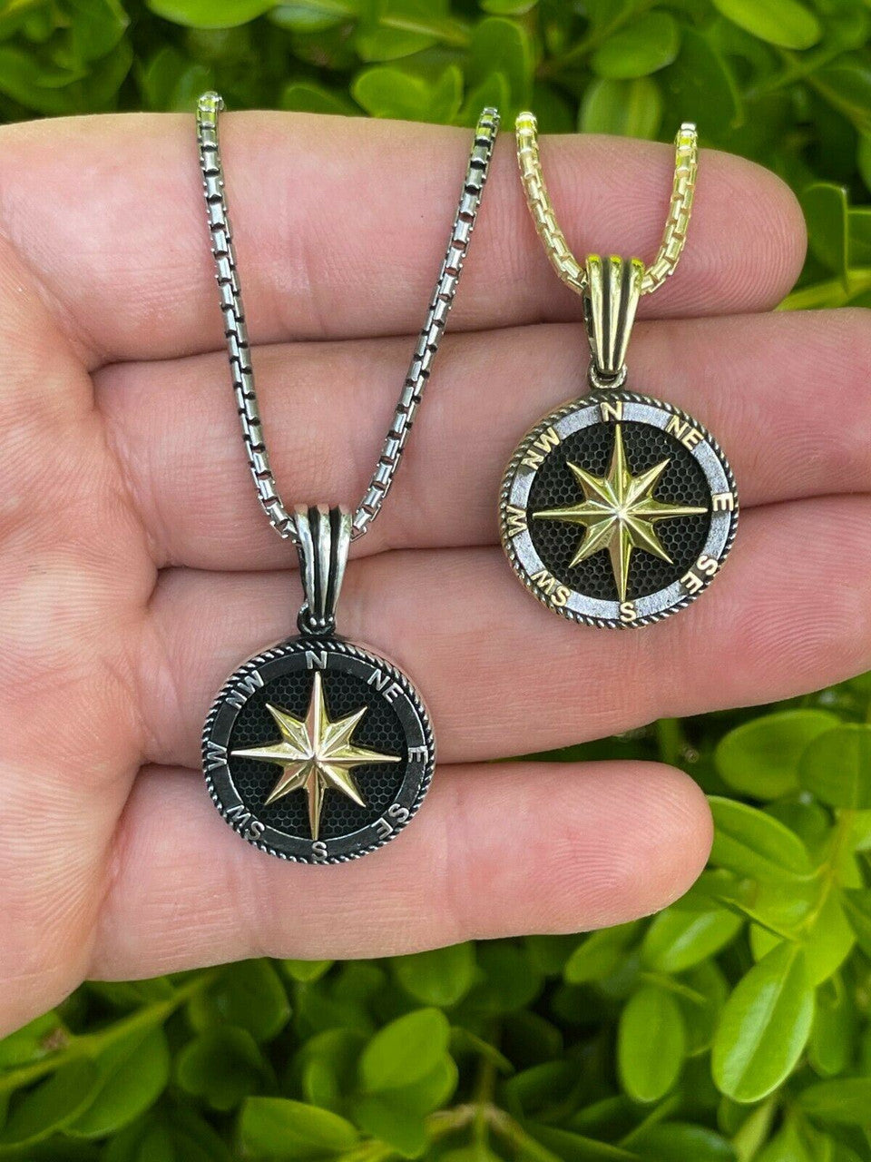 HarlemBling Mens Real Solid 925 Silver and 14k Gold Navigation Star Compass Pendant Necklace