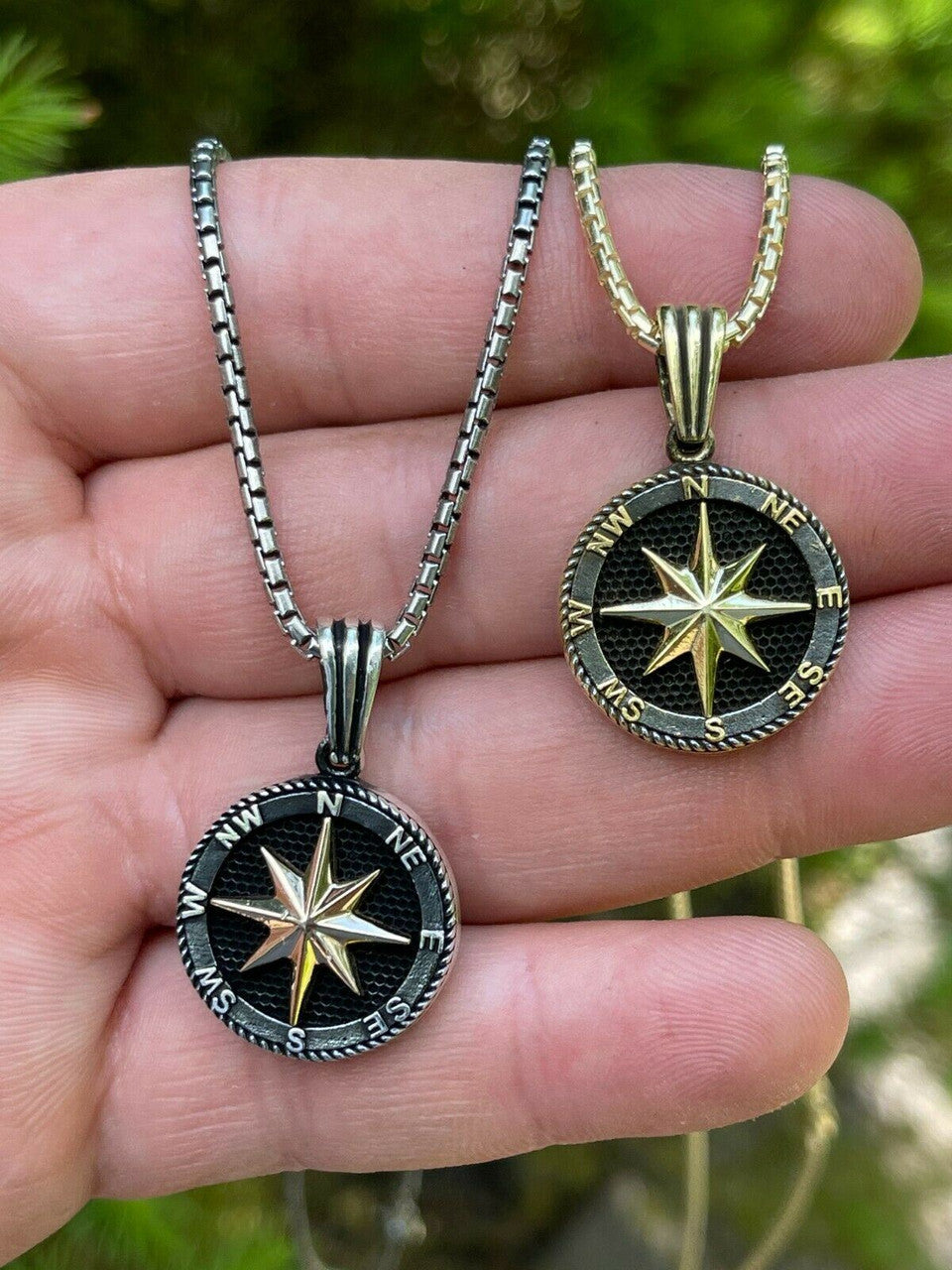 HarlemBling Mens Real Solid 925 Silver and 14k Gold Navigation Star Compass Pendant Necklace