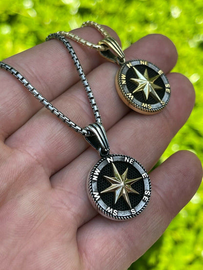 HarlemBling Mens Real Solid 925 Silver and 14k Gold Navigation Star Compass Pendant Necklace