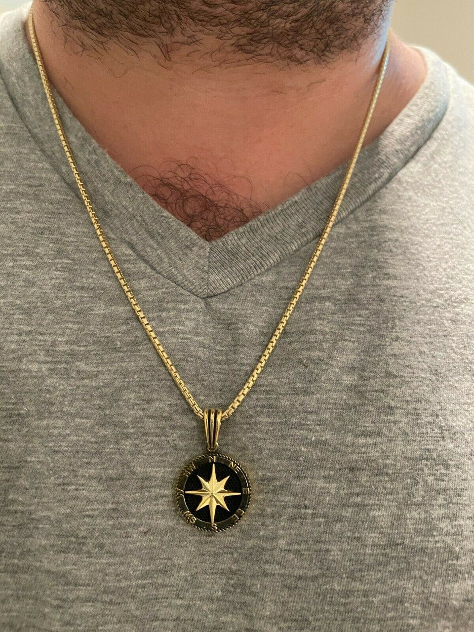 HarlemBling Mens Real Solid 925 Silver and 14k Gold Navigation Star Compass Pendant Necklace