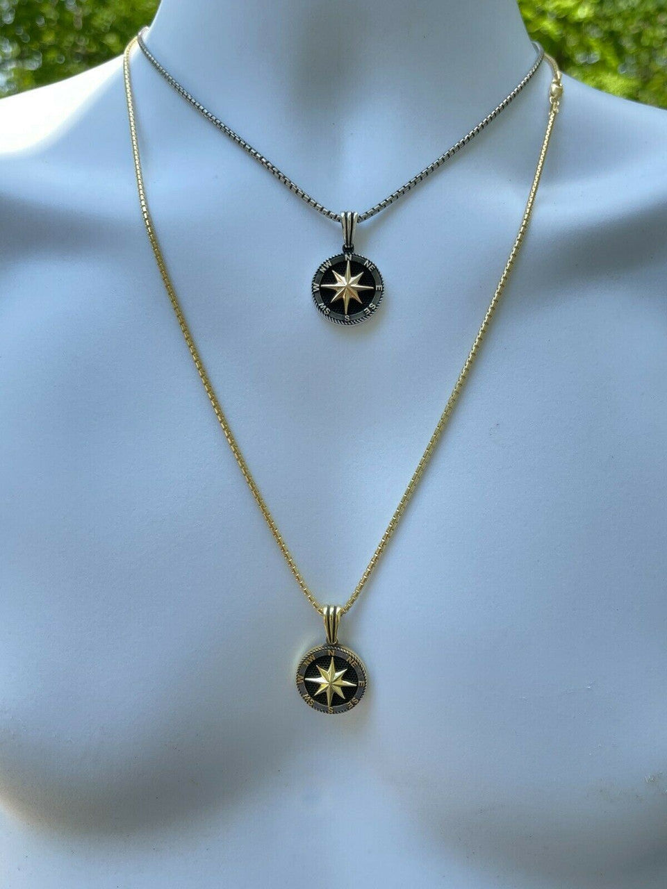 HarlemBling Mens Real Solid 925 Silver and 14k Gold Navigation Star Compass Pendant Necklace