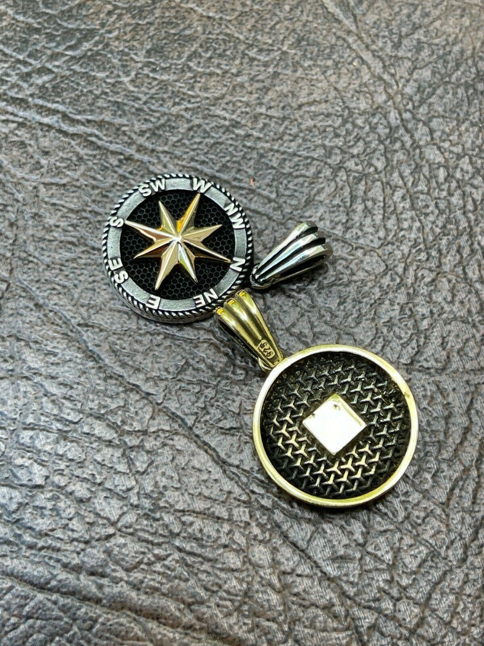 HarlemBling Mens Real Solid 925 Silver and 14k Gold Navigation Star Compass Pendant Necklace