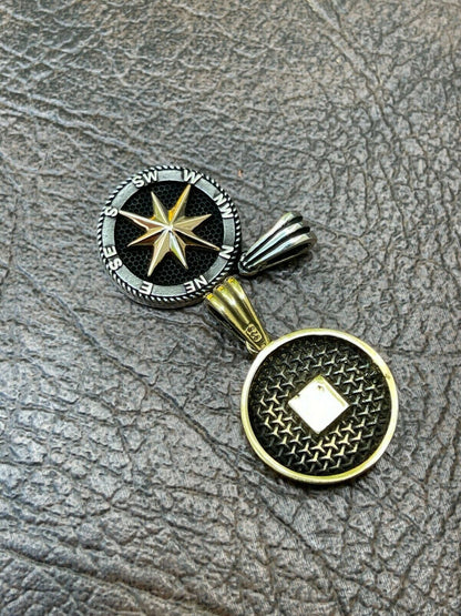 HarlemBling Mens Real Solid 925 Silver and 14k Gold Navigation Star Compass Pendant Necklace