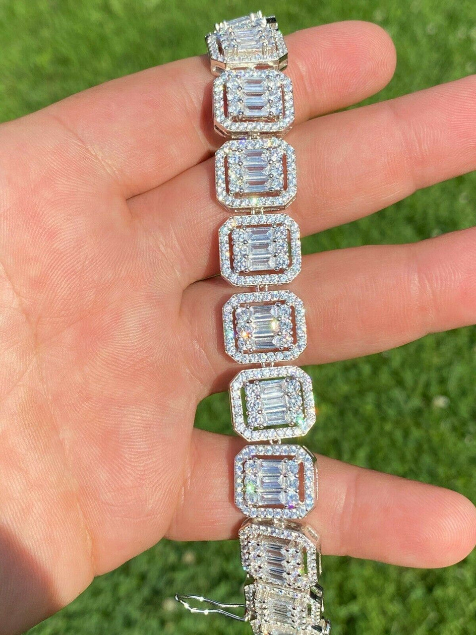 HarlemBling Mens Real Solid 925 Silver Baguette Iced Bracelet 15mm Thick Bust Down Diamonds
