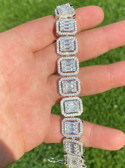 HarlemBling Mens Real Solid 925 Silver Baguette Iced Bracelet 15mm Thick Bust Down Diamonds