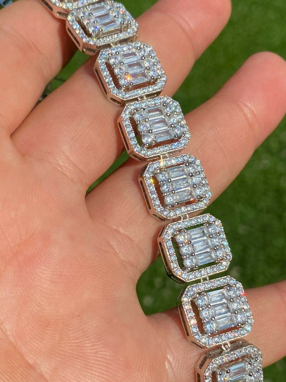 HarlemBling Mens Real Solid 925 Silver Baguette Iced Bracelet 15mm Thick Bust Down Diamonds