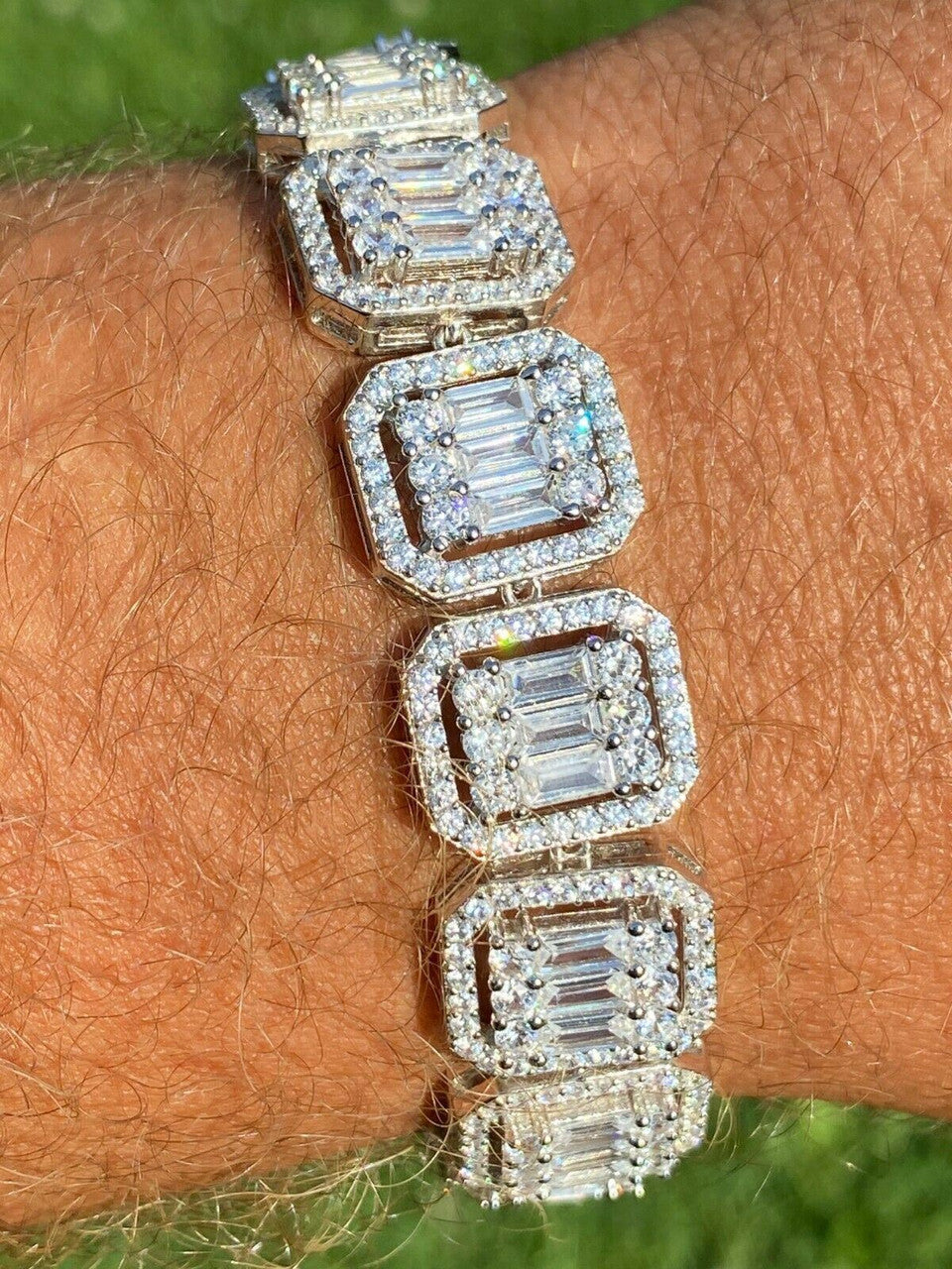 HarlemBling Mens Real Solid 925 Silver Baguette Iced Bracelet 15mm Thick Bust Down Diamonds