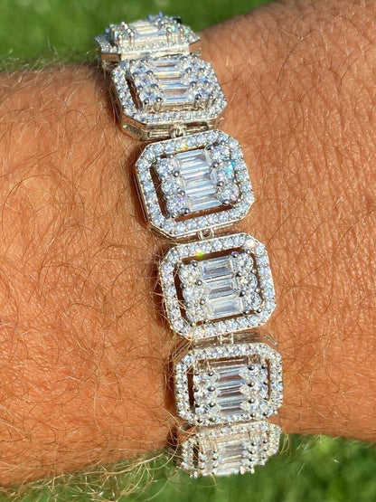 HarlemBling Mens Real Solid 925 Silver Baguette Iced Bracelet 15mm Thick Bust Down Diamonds