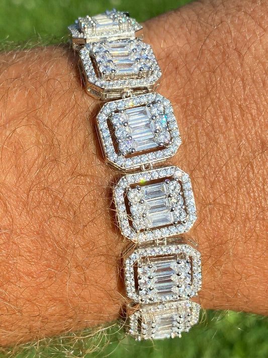 HarlemBling Mens Real Solid 925 Silver Baguette Iced Bracelet 15mm Thick Bust Down Diamonds