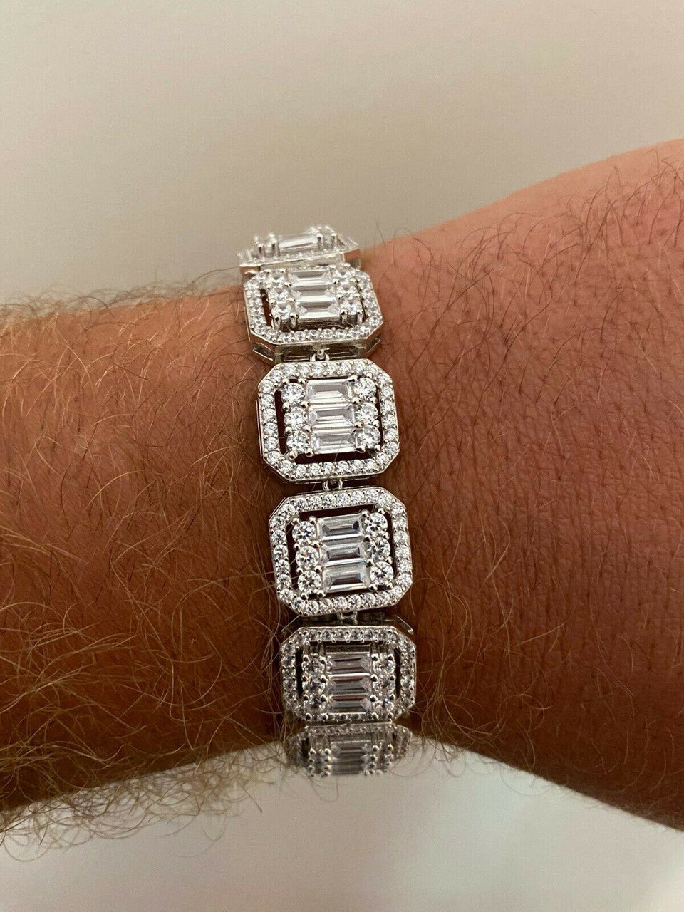 HarlemBling Mens Real Solid 925 Silver Baguette Iced Bracelet 15mm Thick Bust Down Diamonds