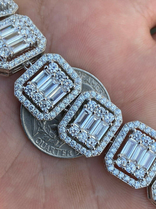 HarlemBling Mens Real Solid 925 Silver Baguette Iced Bracelet 15mm Thick Bust Down Diamonds