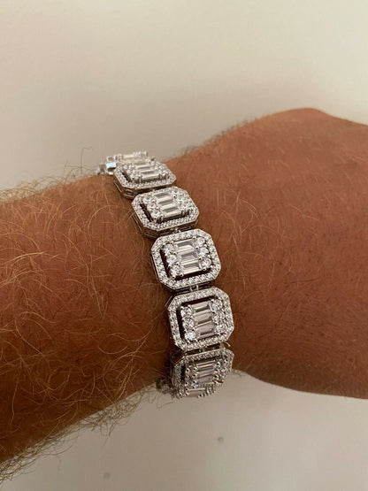 HarlemBling Mens Real Solid 925 Silver Baguette Iced Bracelet 15mm Thick Bust Down Diamonds