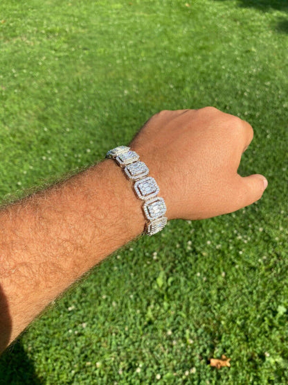 HarlemBling Mens Real Solid 925 Silver Baguette Iced Bracelet 15mm Thick Bust Down Diamonds