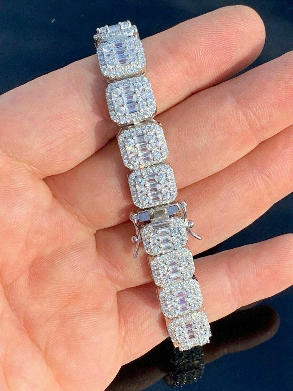 HarlemBling Mens Real Solid 925 Silver Baguette Tennis Bracelet Iced Diamond Flooded Out
