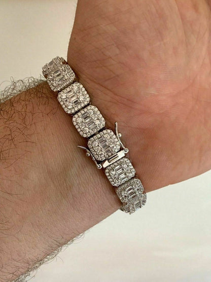 HarlemBling Mens Real Solid 925 Silver Baguette Tennis Bracelet Iced Diamond Flooded Out