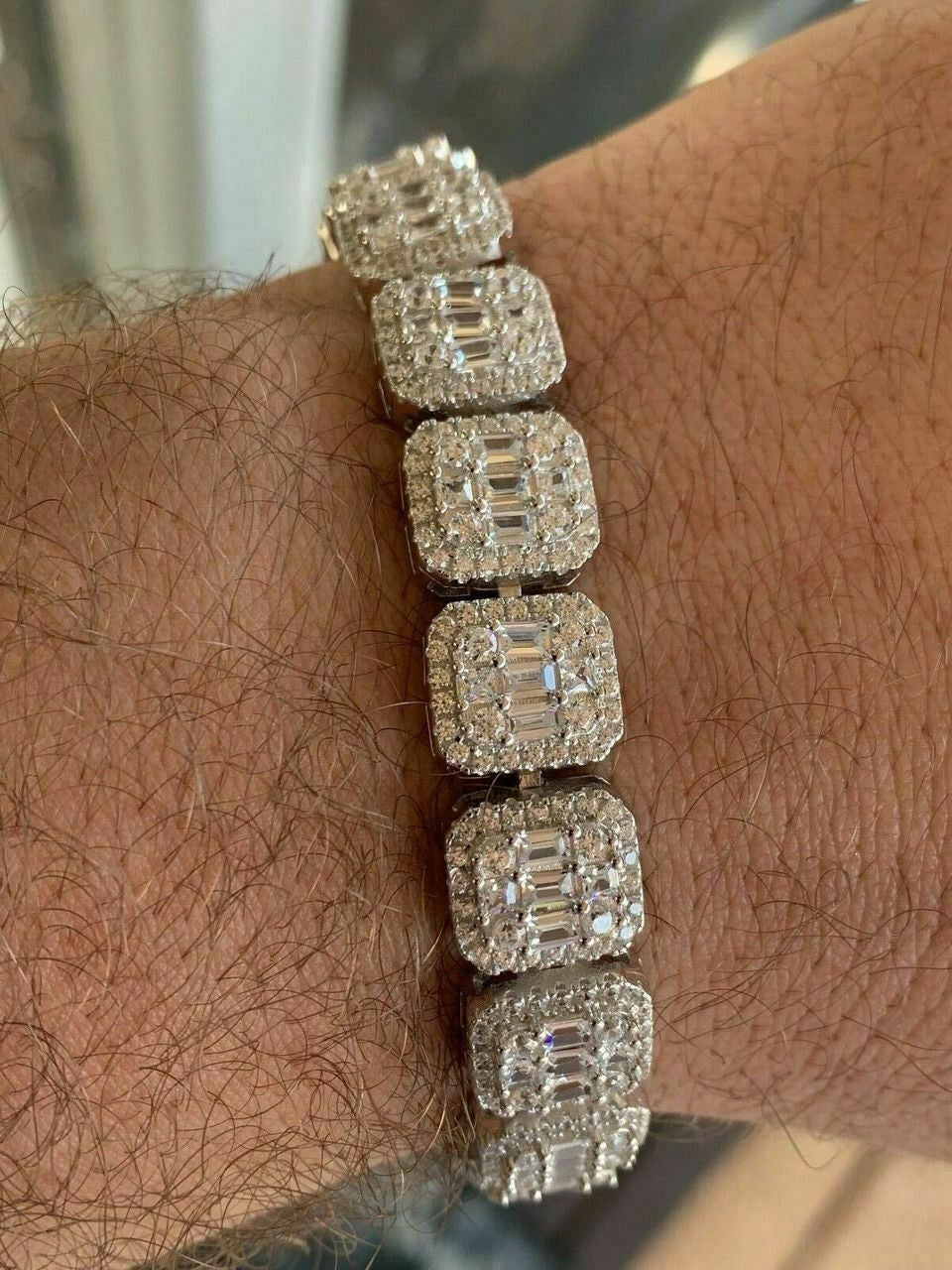 HarlemBling Mens Real Solid 925 Silver Baguette Tennis Bracelet Iced Diamond Flooded Out