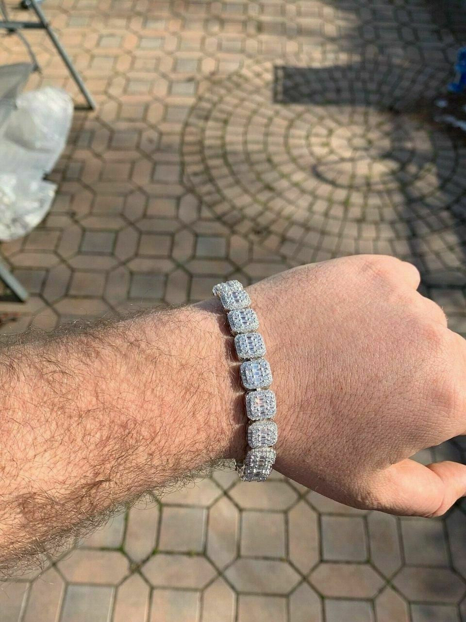 HarlemBling Mens Real Solid 925 Silver Baguette Tennis Bracelet Iced Diamond Flooded Out