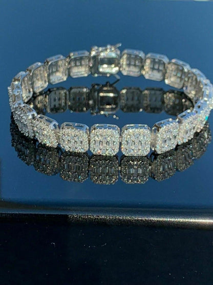 HarlemBling Mens Real Solid 925 Silver Baguette Tennis Bracelet Iced Diamond Flooded Out
