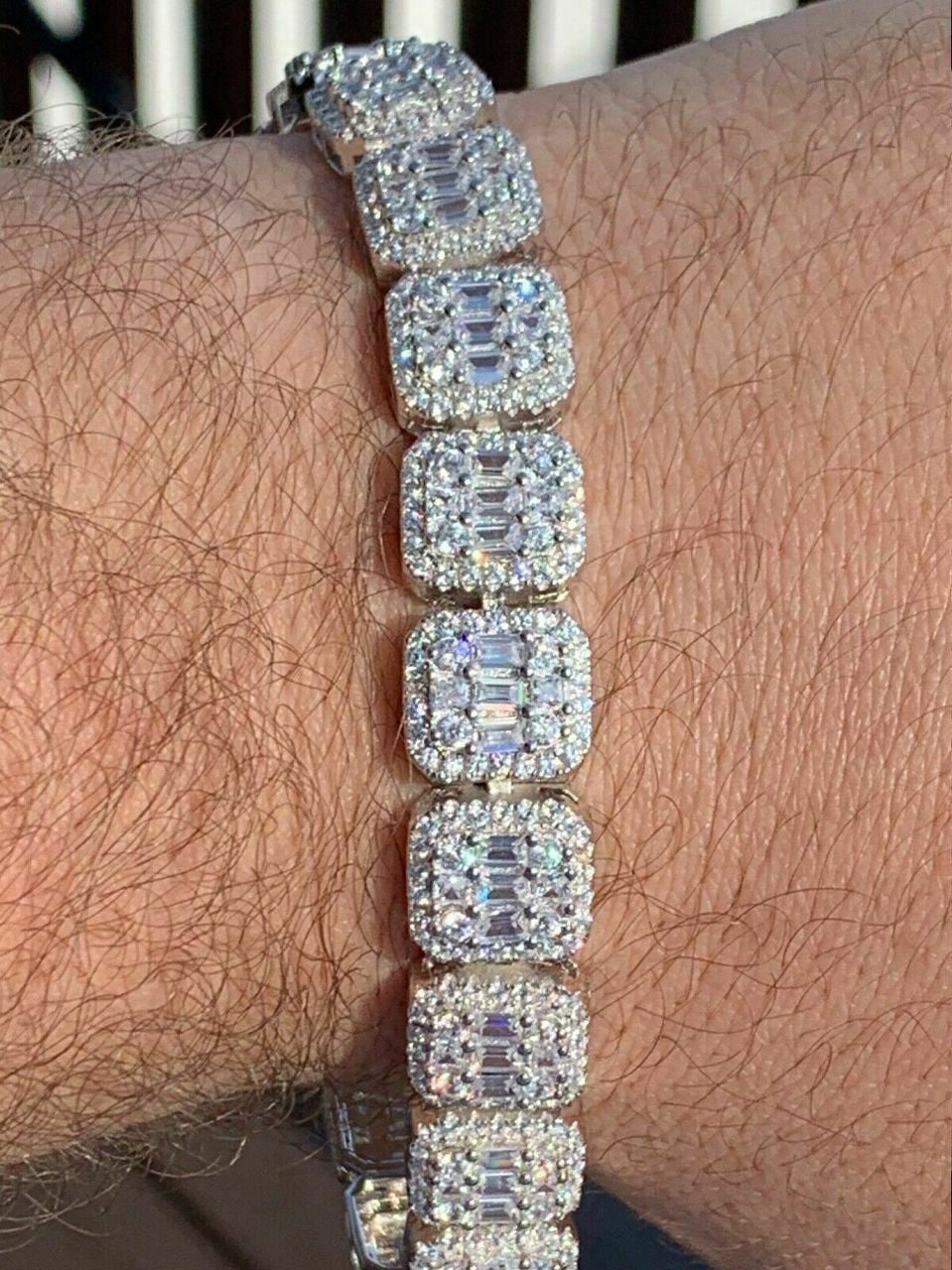 HarlemBling Mens Real Solid 925 Silver Baguette Tennis Bracelet Iced Diamond Flooded Out