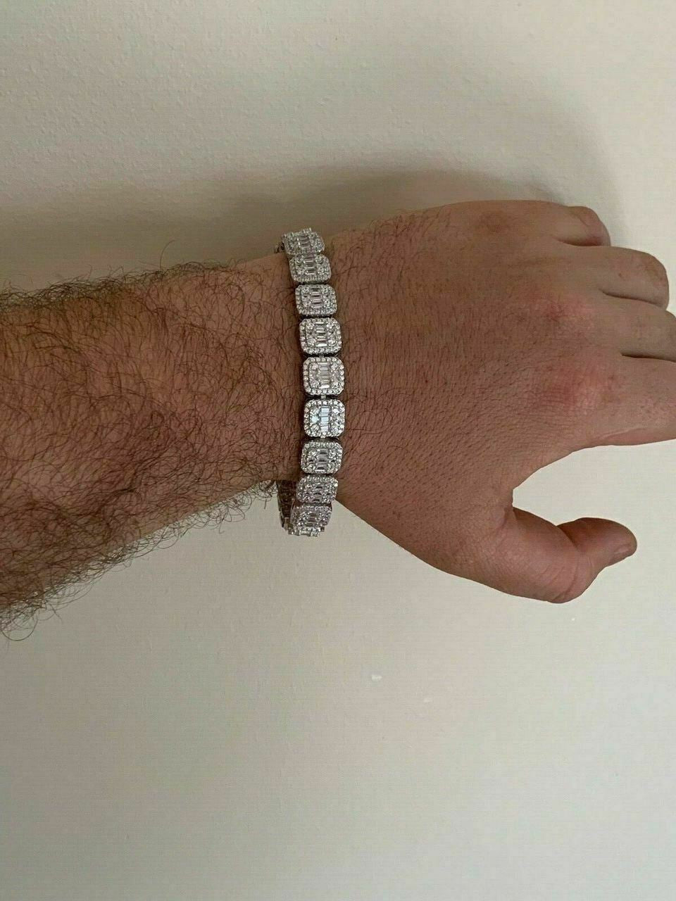 HarlemBling Mens Real Solid 925 Silver Baguette Tennis Bracelet Iced Diamond Flooded Out