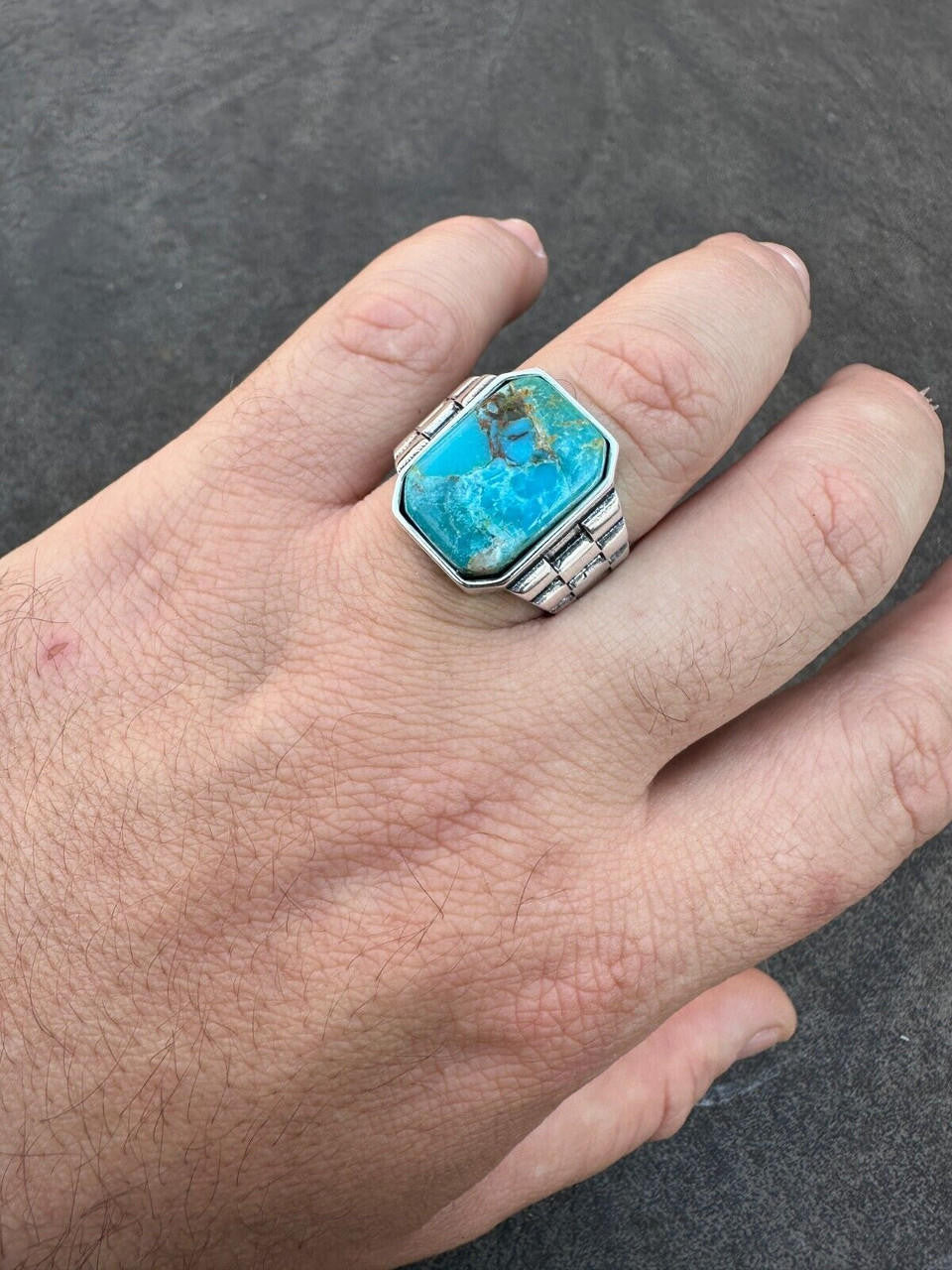 HarlemBling Mens Real Solid 925 Silver Blue Turquoise Natural Native American Gemstone Ring