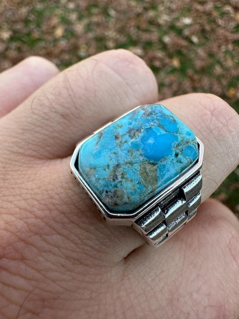 HarlemBling Mens Real Solid 925 Silver Blue Turquoise Natural Native American Gemstone Ring