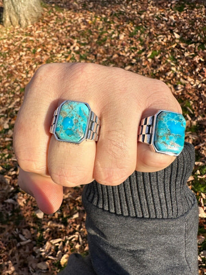 HarlemBling Mens Real Solid 925 Silver Blue Turquoise Natural Native American Gemstone Ring