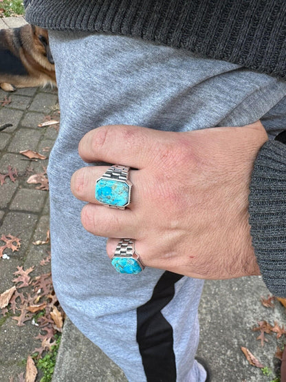 HarlemBling Mens Real Solid 925 Silver Blue Turquoise Natural Native American Gemstone Ring