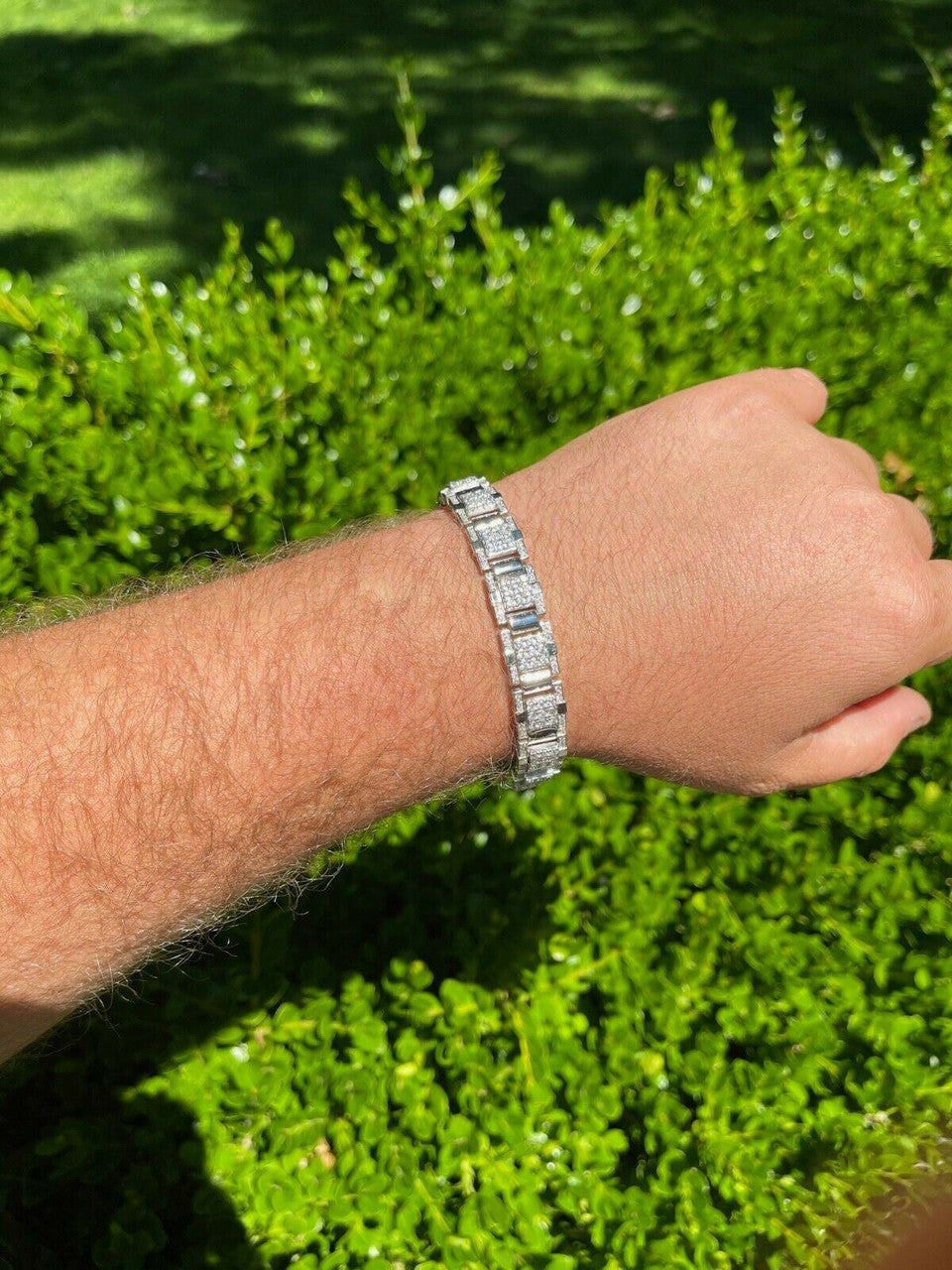 HarlemBling Mens Real Solid 925 Silver Bracelet Iced Diamond Flooded Out Heavy 12mm Hip Hop