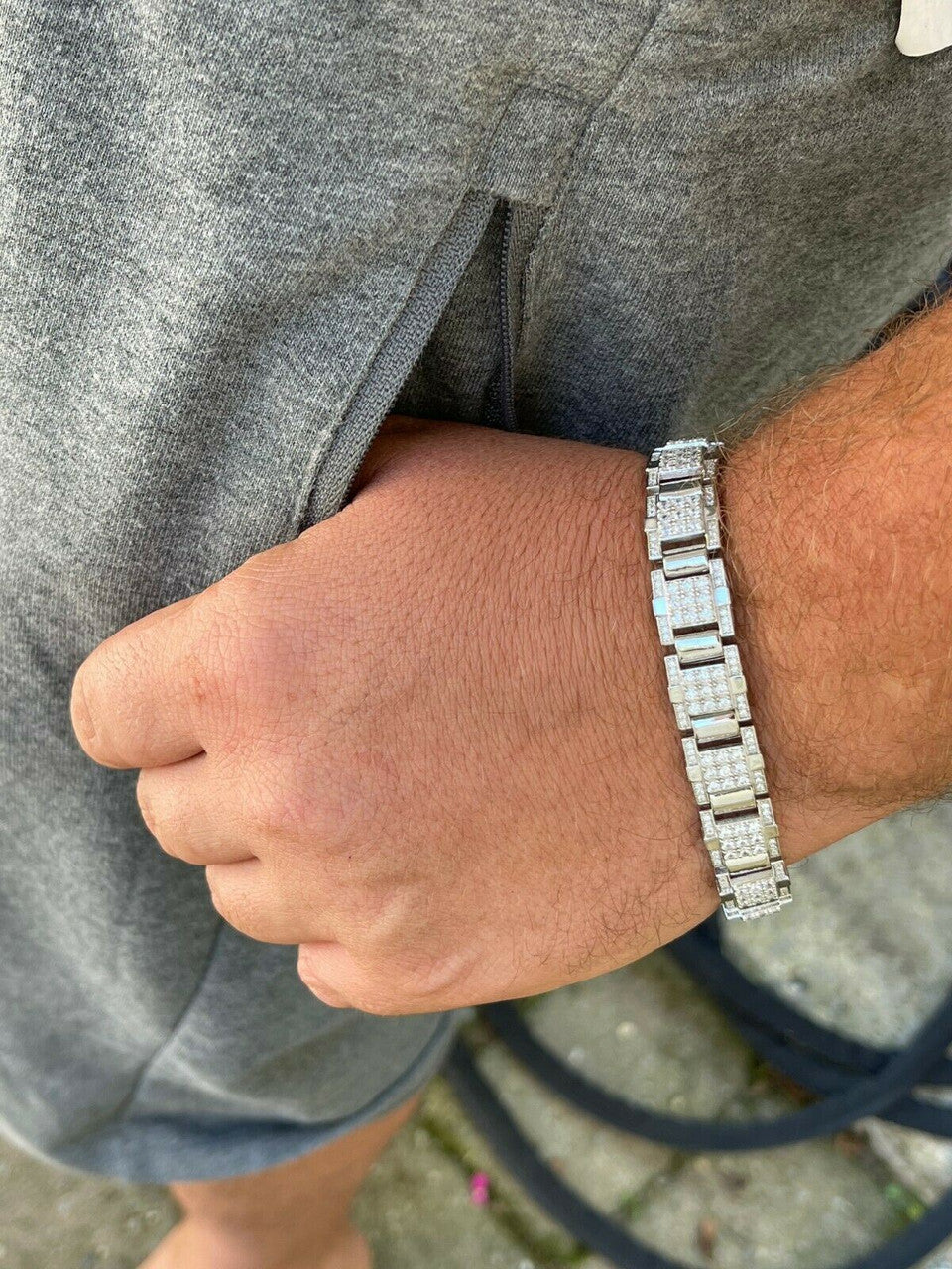 HarlemBling Mens Real Solid 925 Silver Bracelet Iced Diamond Flooded Out Heavy 12mm Hip Hop