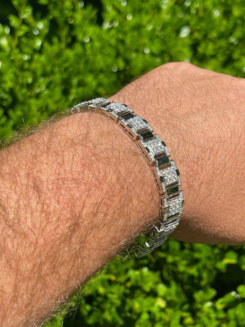 HarlemBling Mens Real Solid 925 Silver Bracelet Iced Diamond Flooded Out Heavy 12mm Hip Hop