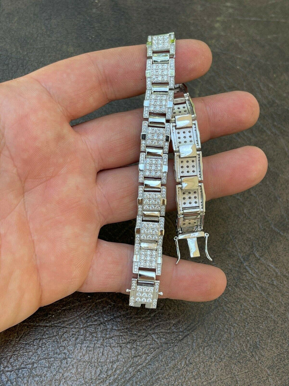 HarlemBling Mens Real Solid 925 Silver Bracelet Iced Diamond Flooded Out Heavy 12mm Hip Hop