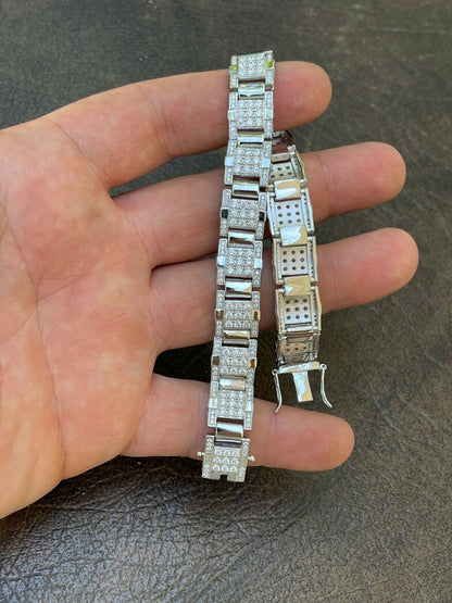 HarlemBling Mens Real Solid 925 Silver Bracelet Iced Diamond Flooded Out Heavy 12mm Hip Hop
