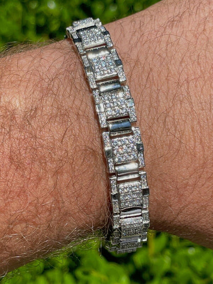 HarlemBling Mens Real Solid 925 Silver Bracelet Iced Diamond Flooded Out Heavy 12mm Hip Hop