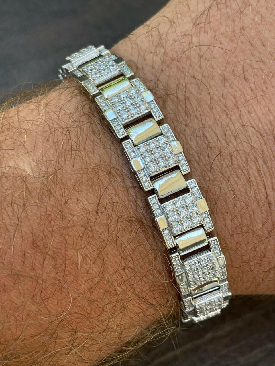 HarlemBling Mens Real Solid 925 Silver Bracelet Iced Diamond Flooded Out Heavy 12mm Hip Hop