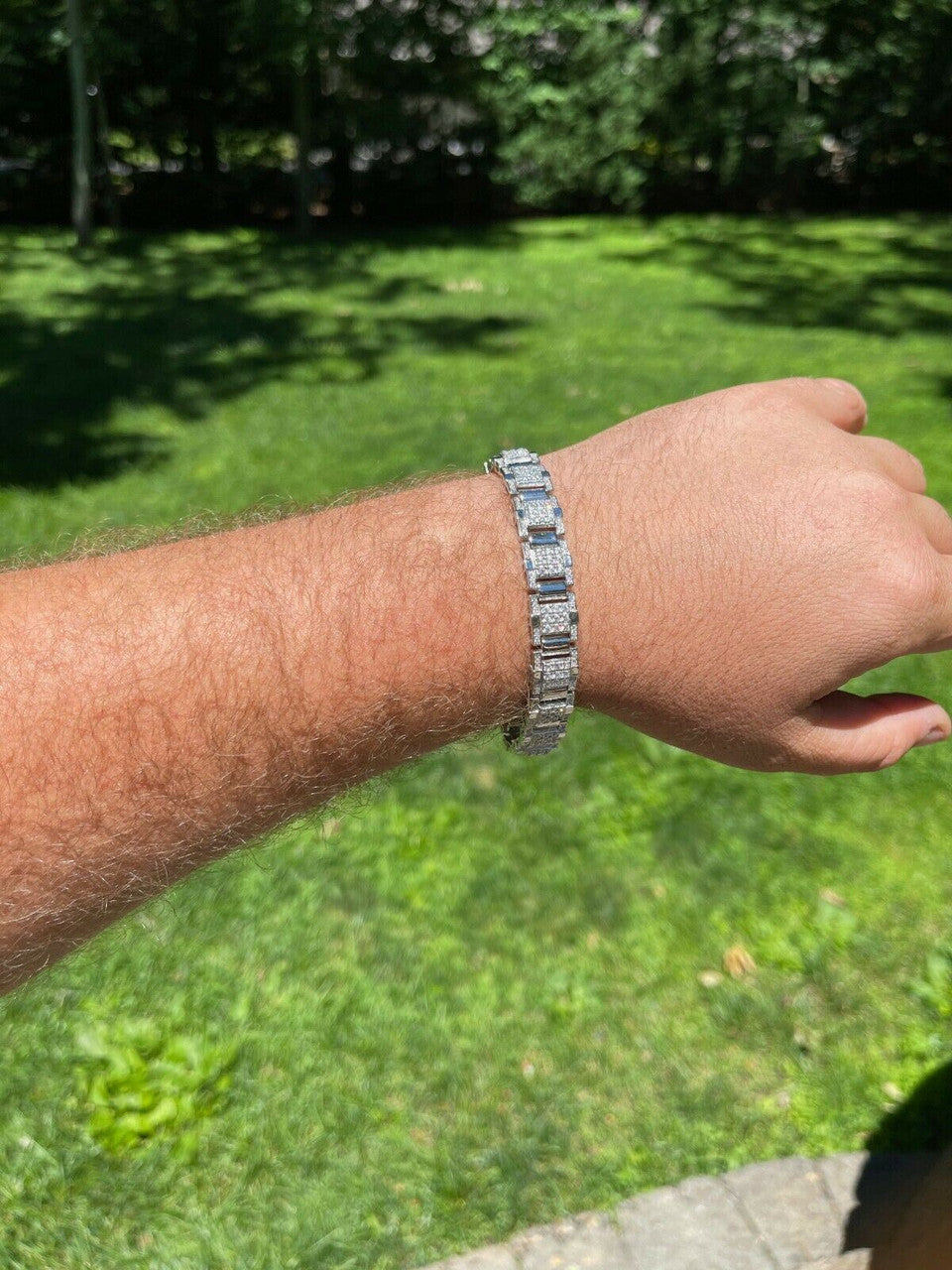 HarlemBling Mens Real Solid 925 Silver Bracelet Iced Diamond Flooded Out Heavy 12mm Hip Hop