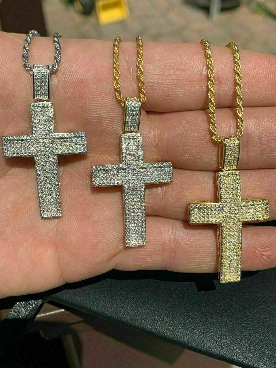 HarlemBling Mens Real Solid 925 Silver Cross Pendant Bust Down Crucifix Necklace Iced CZ
