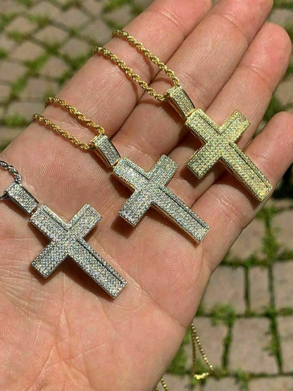 HarlemBling Mens Real Solid 925 Silver Cross Pendant Bust Down Crucifix Necklace Iced CZ