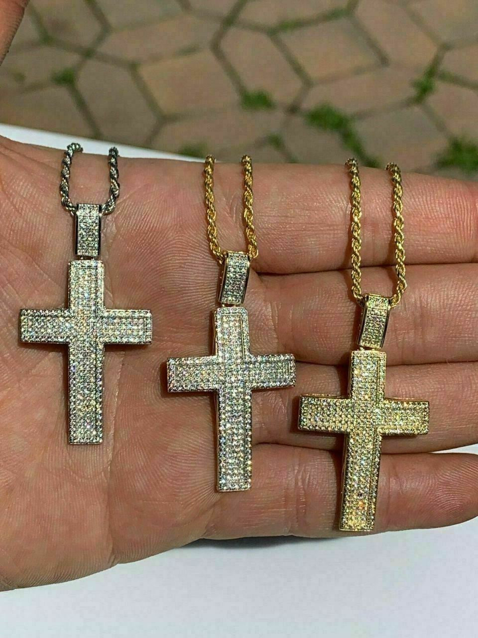 HarlemBling Mens Real Solid 925 Silver Cross Pendant Bust Down Crucifix Necklace Iced CZ