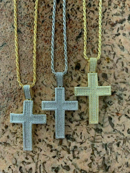 HarlemBling Mens Real Solid 925 Silver Cross Pendant Bust Down Crucifix Necklace Iced CZ