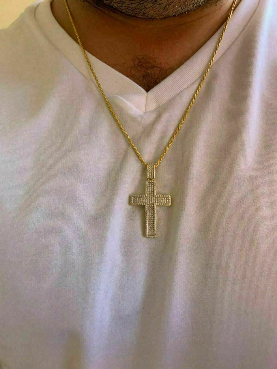 HarlemBling Mens Real Solid 925 Silver Cross Pendant Bust Down Crucifix Necklace Iced CZ