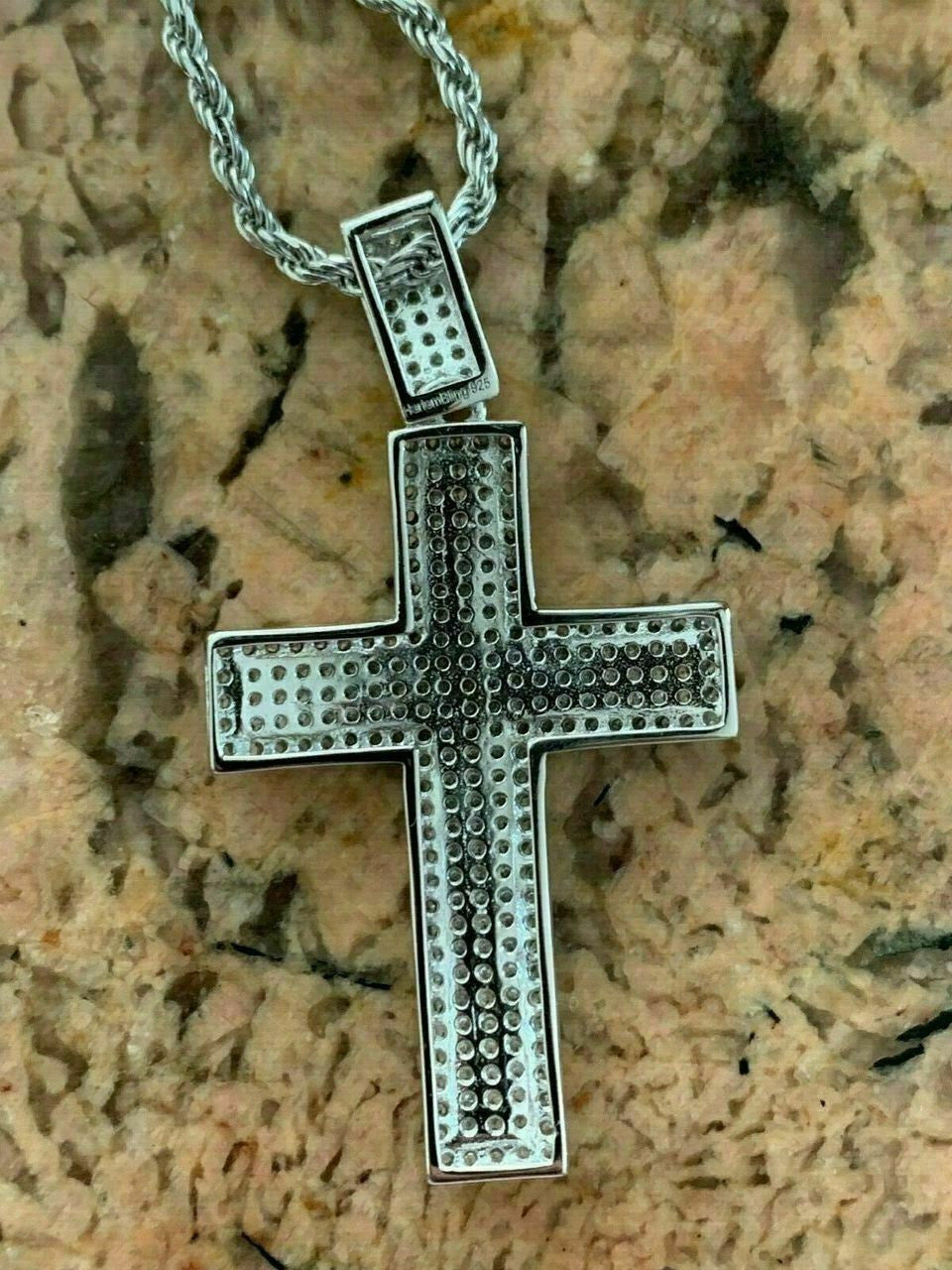 HarlemBling Mens Real Solid 925 Silver Cross Pendant Bust Down Crucifix Necklace Iced CZ