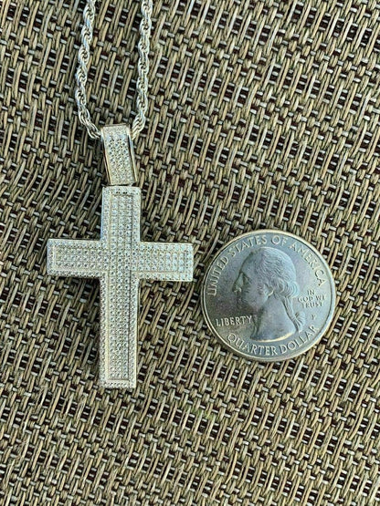 HarlemBling Mens Real Solid 925 Silver Cross Pendant Bust Down Crucifix Necklace Iced CZ