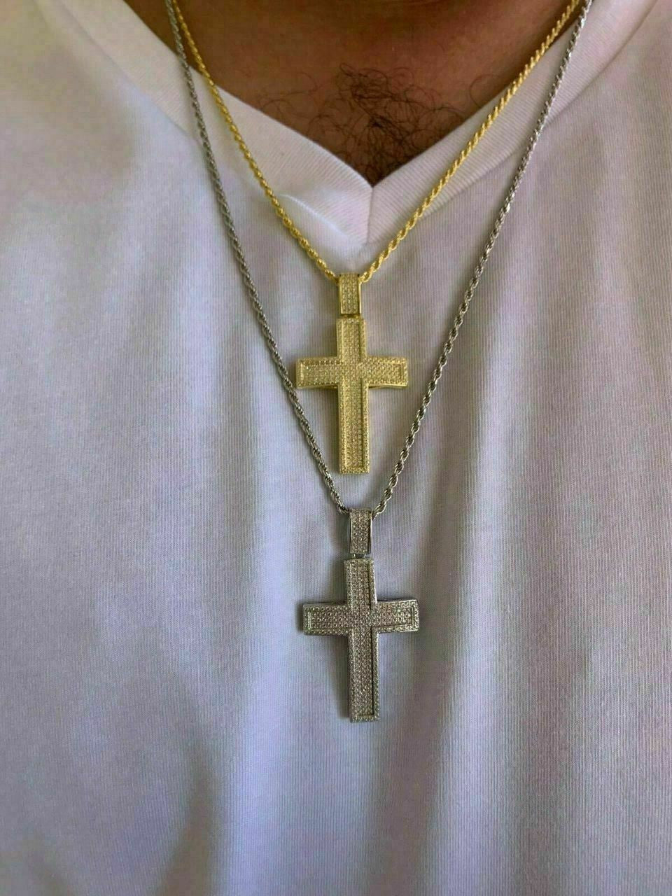 HarlemBling Mens Real Solid 925 Silver Cross Pendant Bust Down Crucifix Necklace Iced CZ