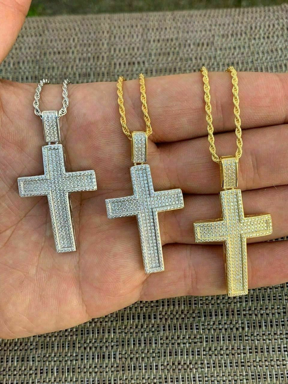 HarlemBling Mens Real Solid 925 Silver Cross Pendant Bust Down Crucifix Necklace Iced CZ