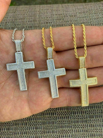HarlemBling Mens Real Solid 925 Silver Cross Pendant Bust Down Crucifix Necklace Iced CZ