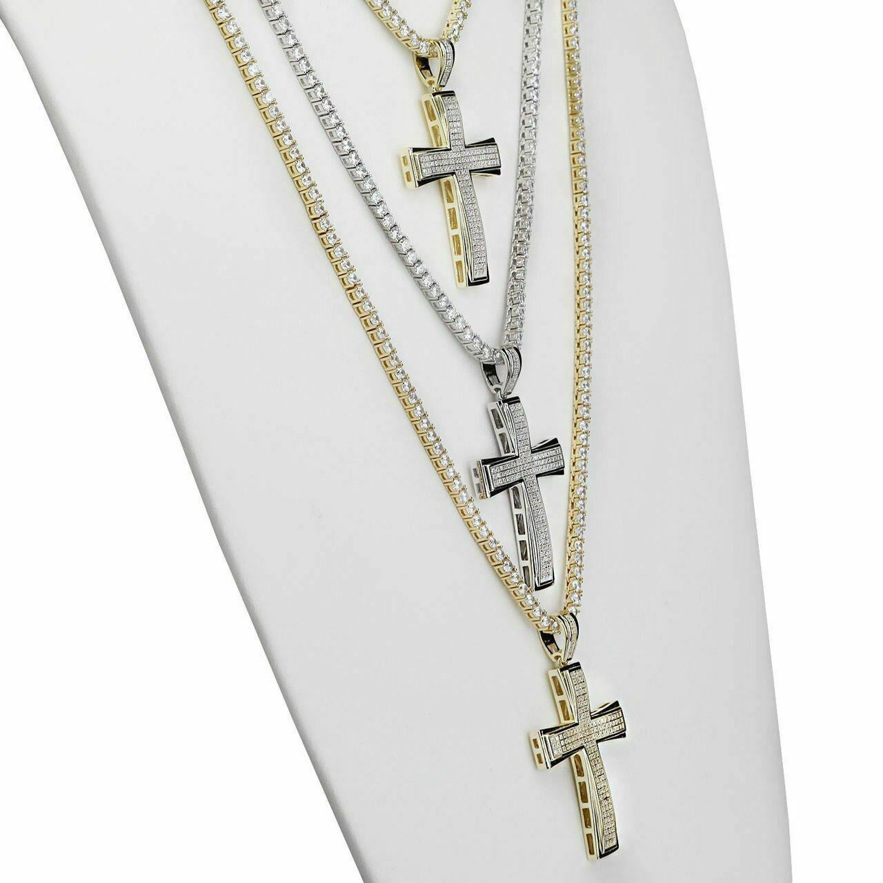 HarlemBling Mens Real Solid 925 Silver Cross W Tennis Chain Pendant Iced Icy Hip Hop Rapper