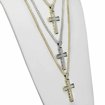 HarlemBling Mens Real Solid 925 Silver Cross W Tennis Chain Pendant Iced Icy Hip Hop Rapper
